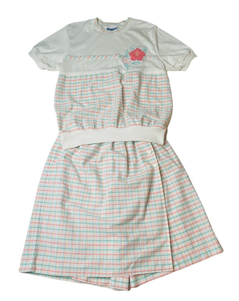 Vintage Womens Cape Cod Sportswear White Plaid Wrap Skort/Skirt & Shirt Set Sz S